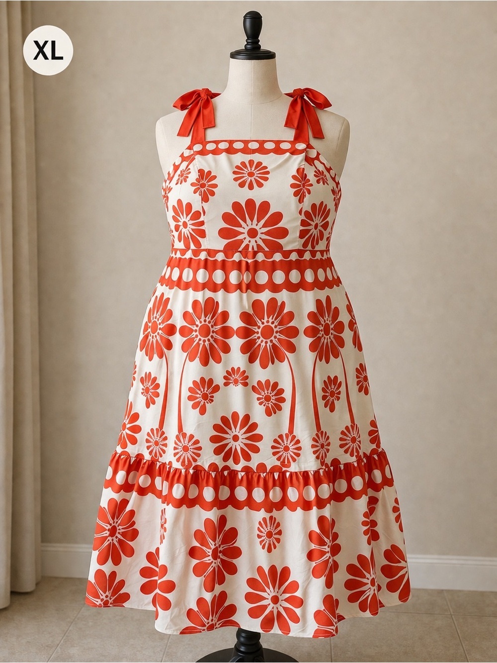 SHEIN Red Floral Tie-Shoulder Midi/Maxi Dress on Cream